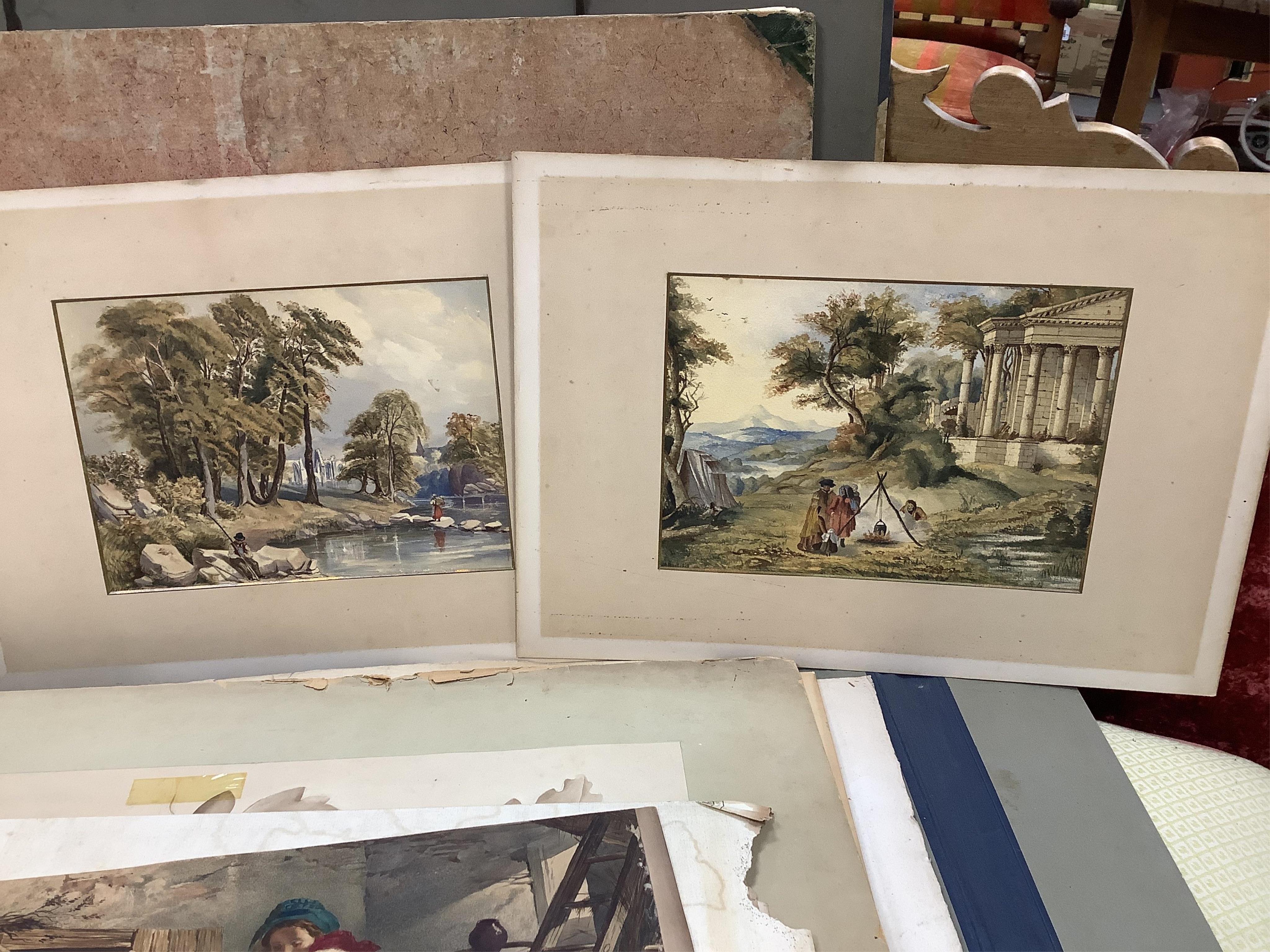 A large collection of 18th century and later watercolours, pencils and prints including M. Simmons, pencil, Study of a dog before a landscape, signed and dated 1858, Italianate landscape watercolours signed A Bock, dated